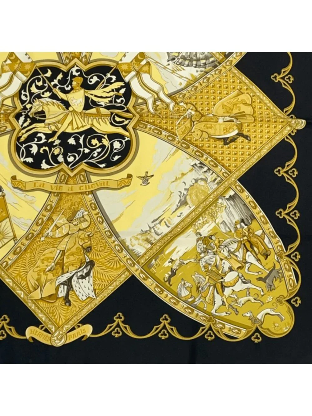 ★SOLD★ Hermes Scarf Carre 90 Scene with Horses la Vie a Cheval Gold Black - Picture 5 of 7
